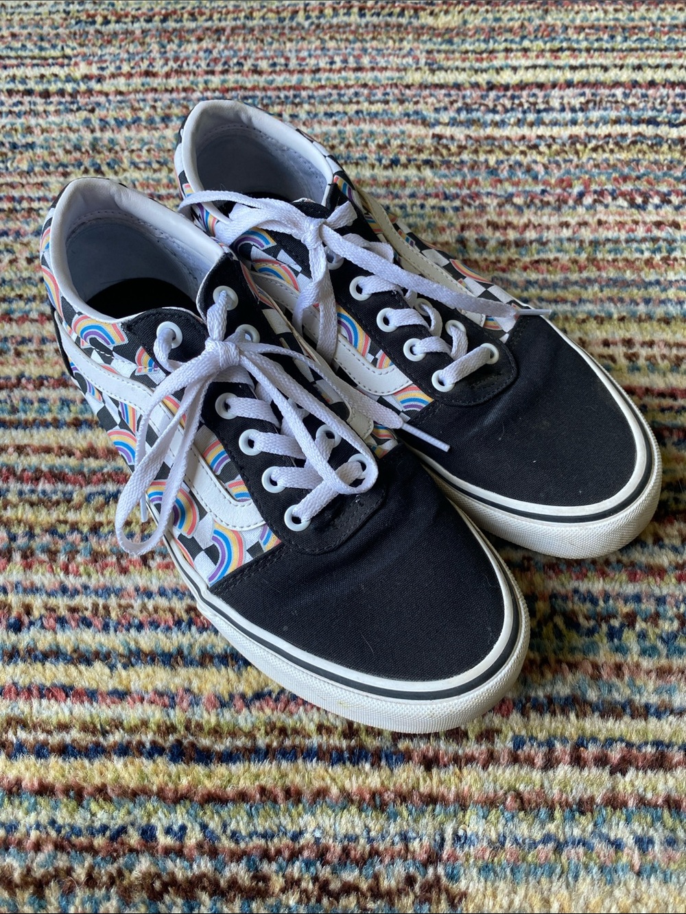 Vans Black & White Low-Top Sneakers with Rainbow Stripe Accents